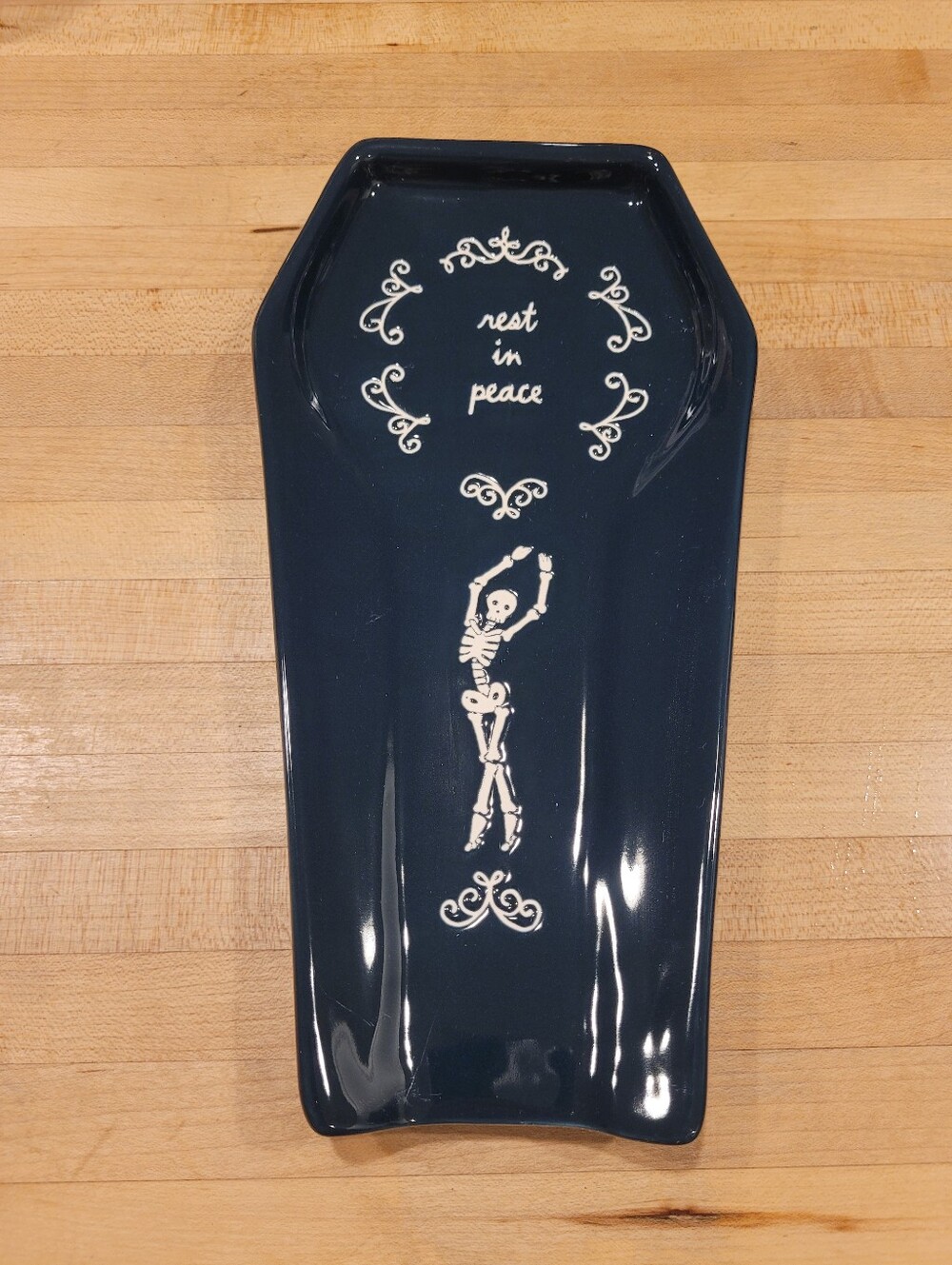 NEW Rae Dunn "Rest in Peace" Coffin Spoon Rest - Navy Blue Kitchen Accent